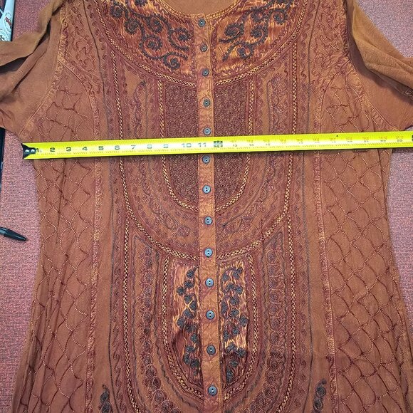 Bohemian Embroidered Maxi Dress OS Rust Button Front Tie Back Flowy Viscose - Picture 7 of 10